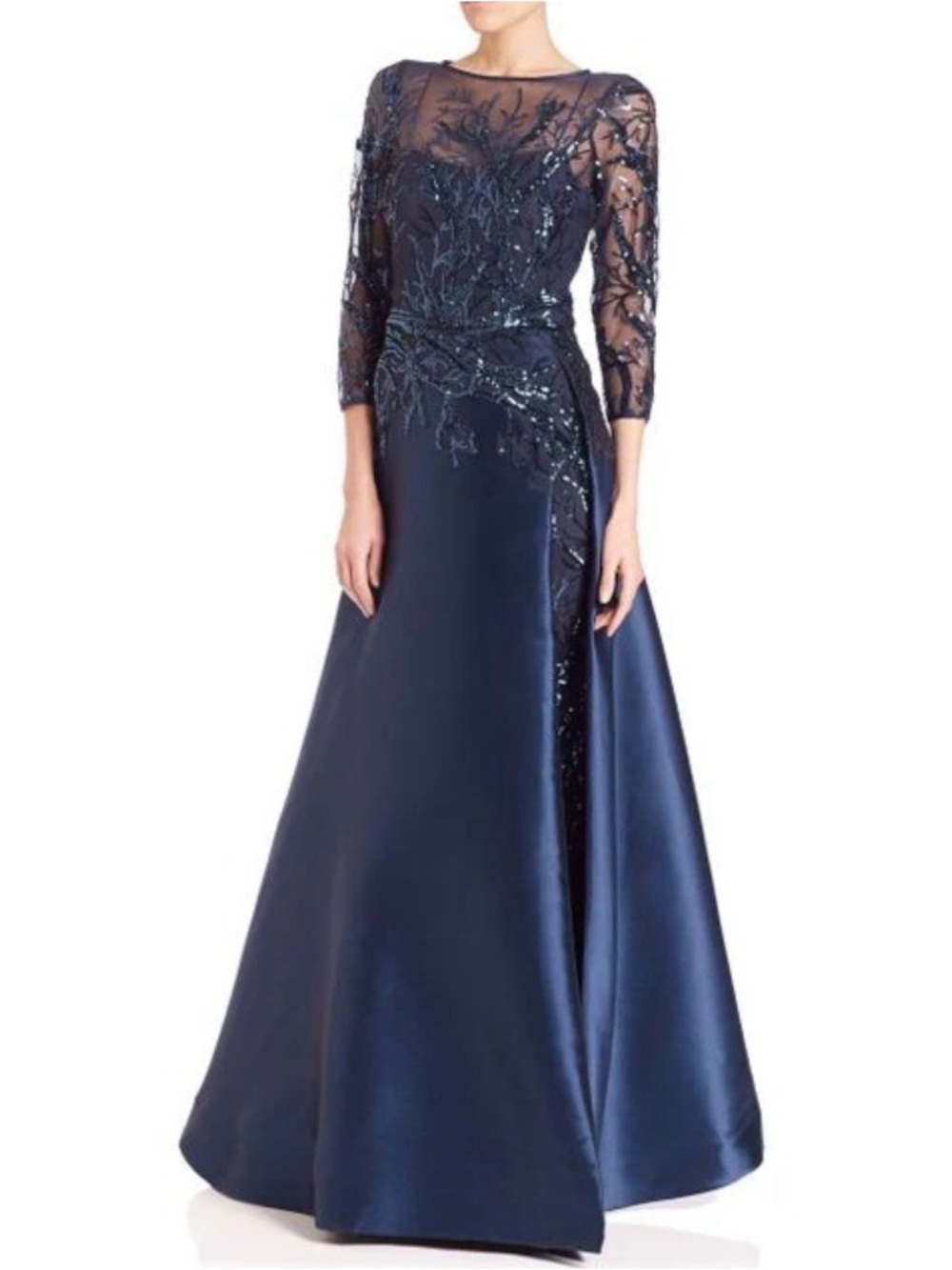 Size 8 Teri Jon Navy Beaded Illusion with Sleeve Evening Gown Mother of Bride